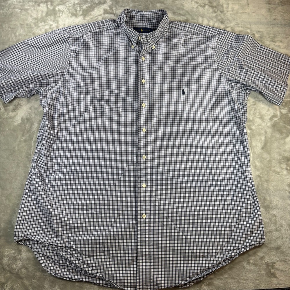 Ralph Lauren Mens XLT Gingham‎ Short Sleeve Button Down Shirt Navy White Cotton